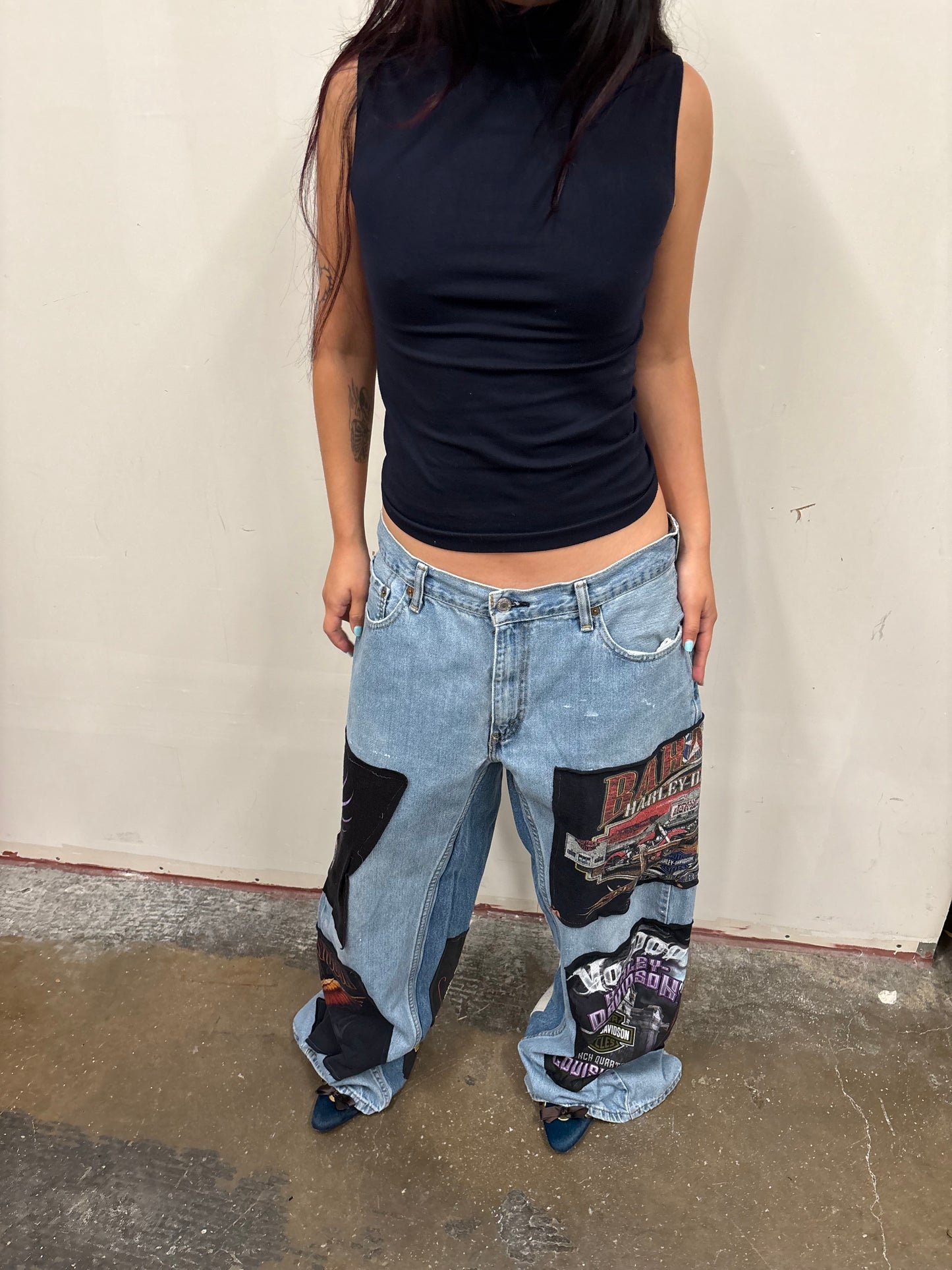 Reworked Harley Davidson Patchwork Jeans