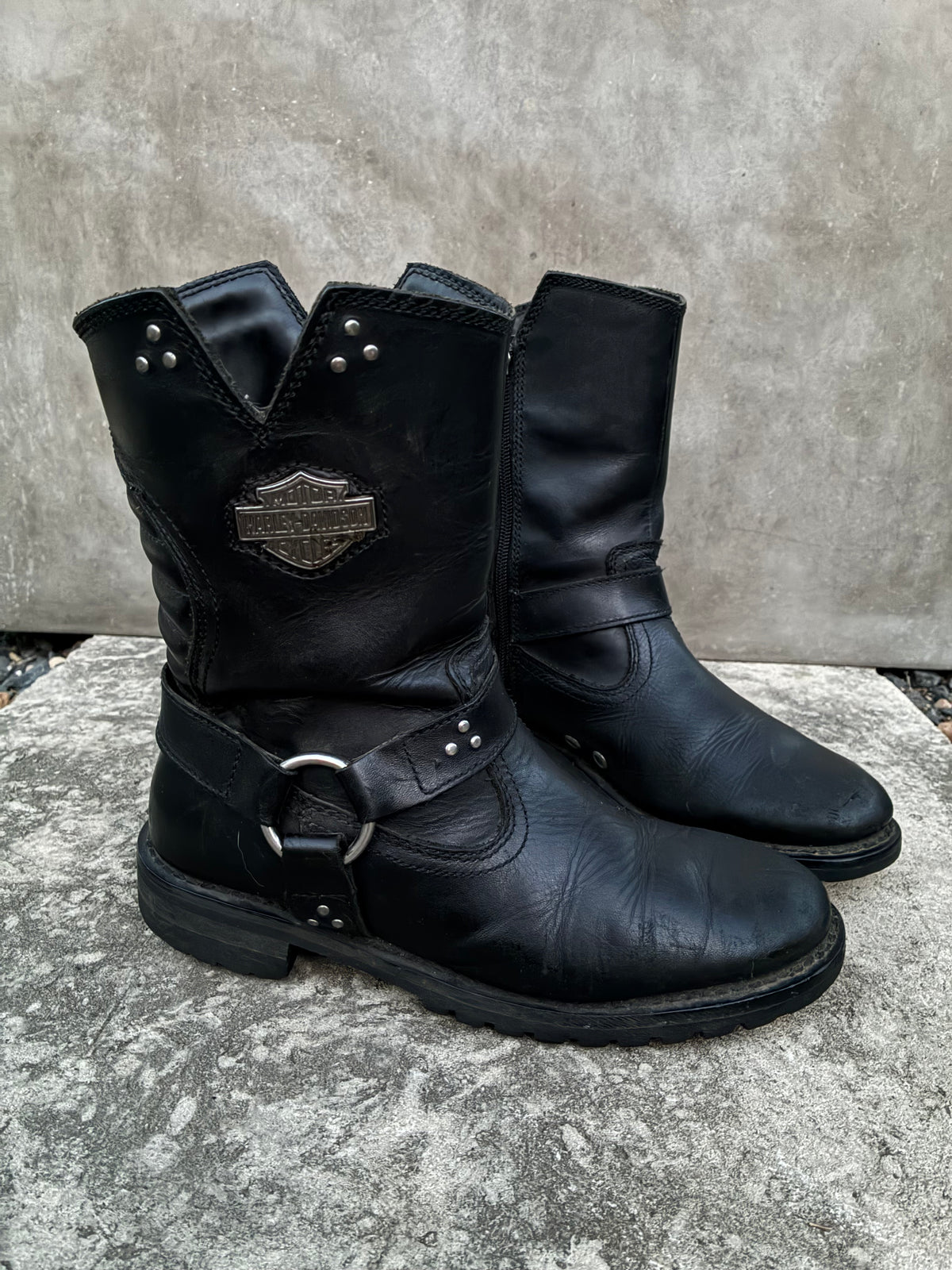 Vintage Harley Davidson Black Leather Moto Boots