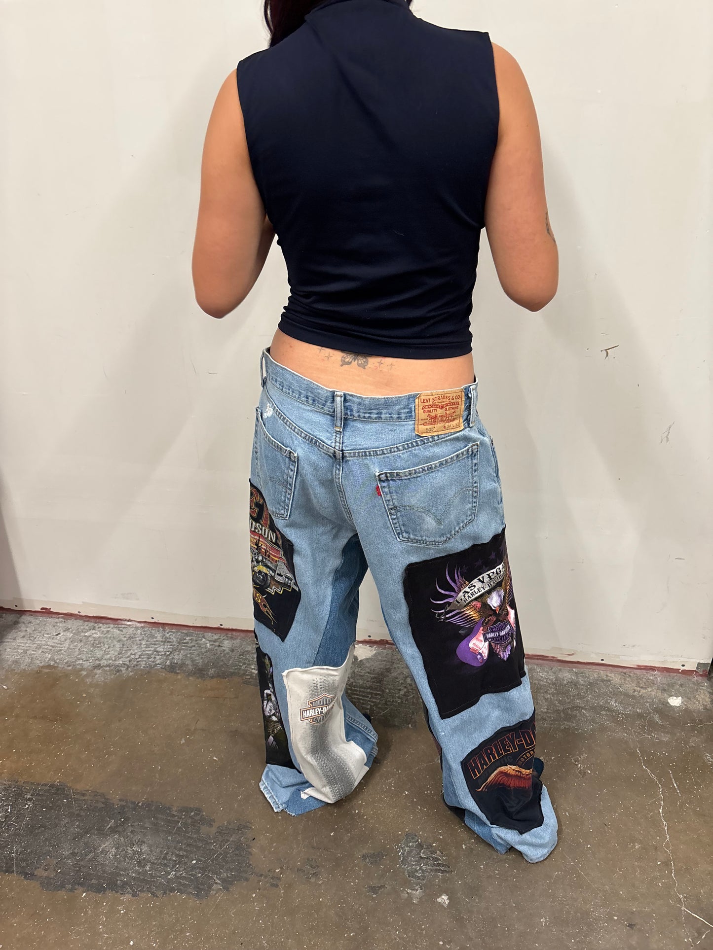 Reworked Harley Davidson Patchwork Jeans