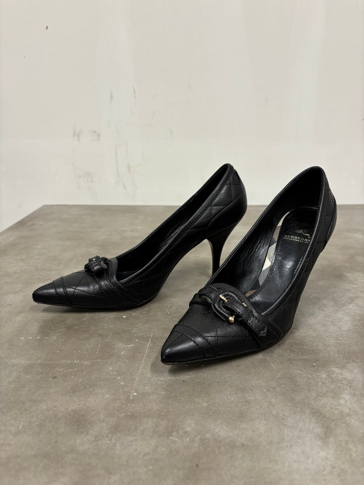Burberry Black Quilted Leather Buckle Heels