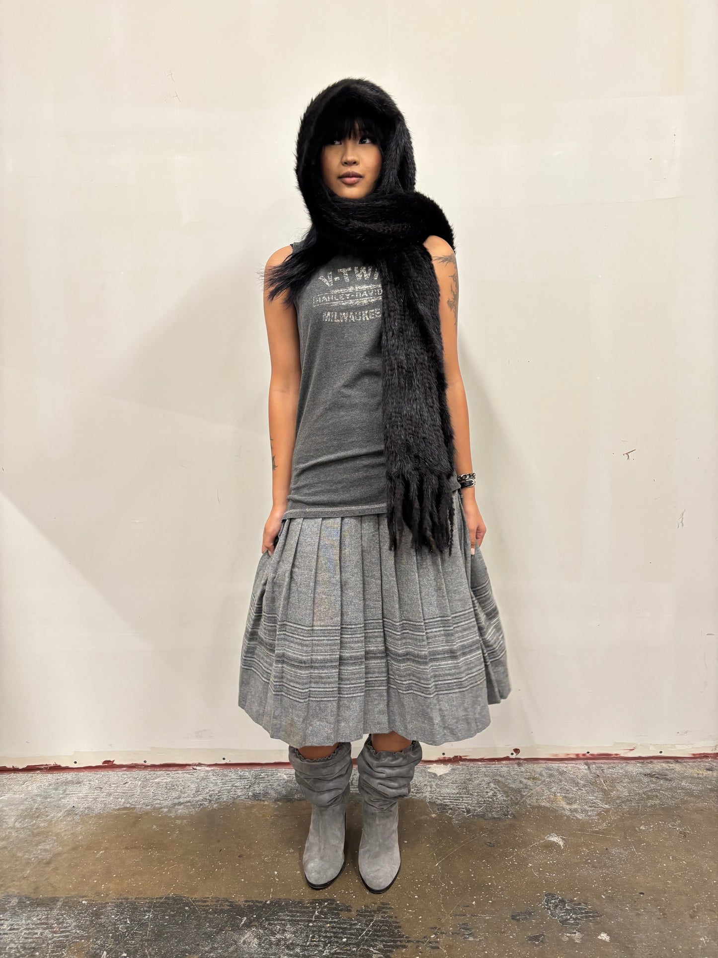 Long Grey Pleated Skirt