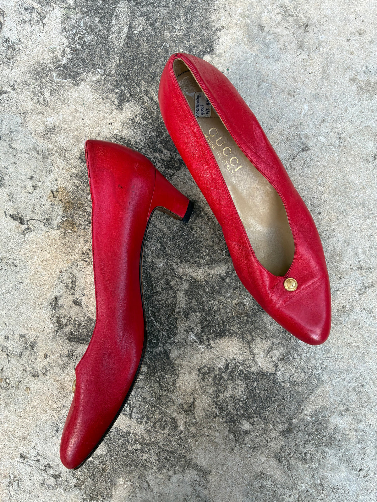 Vintage 80s Gucci Red Leather Kitten Heel Pumps W Gold Hardware