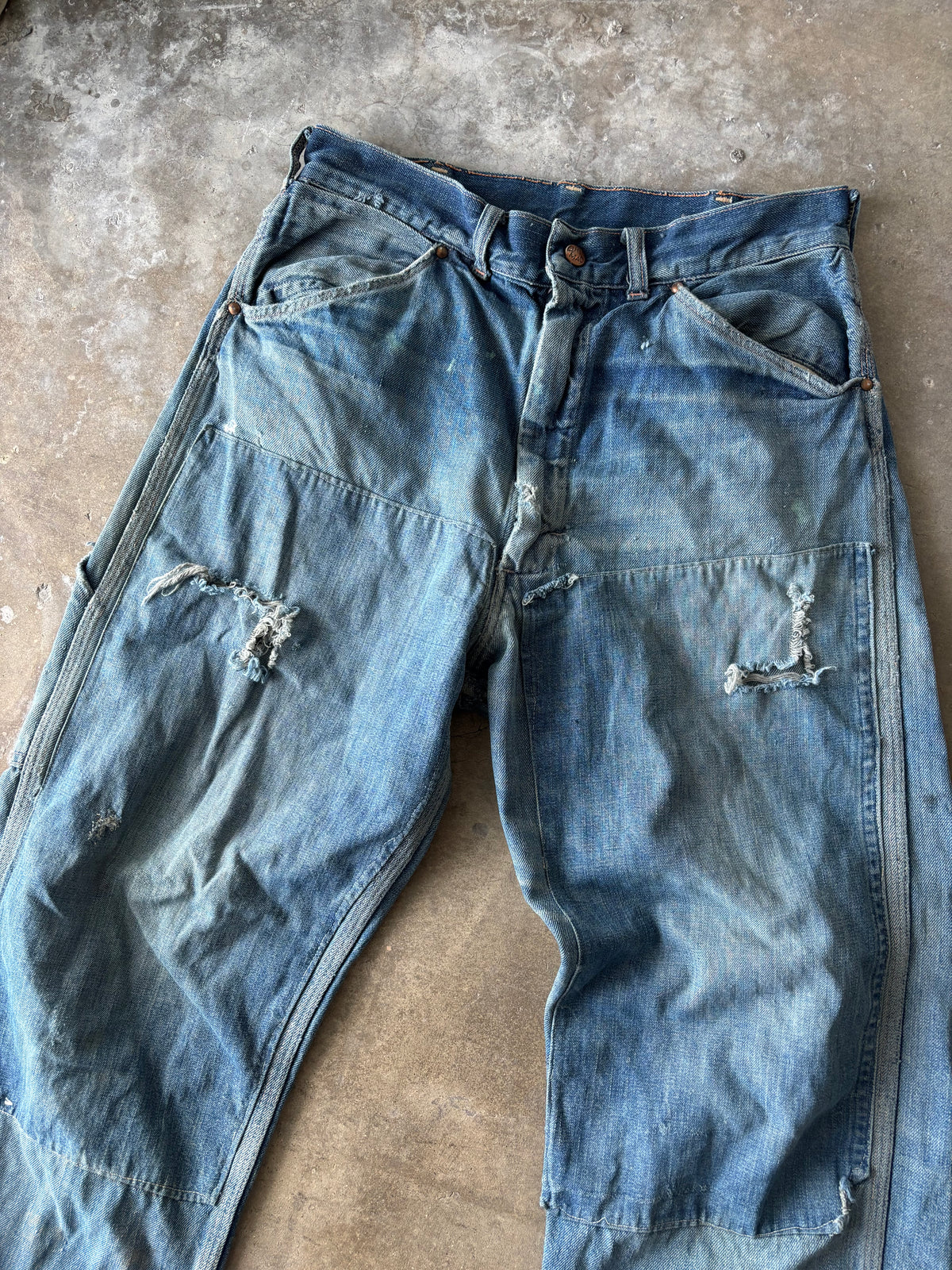 Vintage 1970s Big Mac Distressed Faded Repaired Double Knees Denim