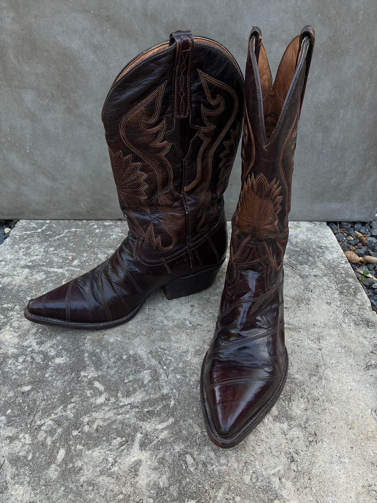 Vintage 1990s Cuadra Eel Brown Leather Cowboy Boots