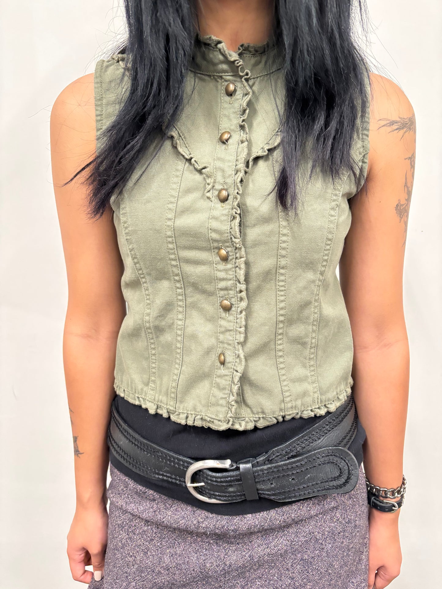 Ruffled Button Up Cropped Vest