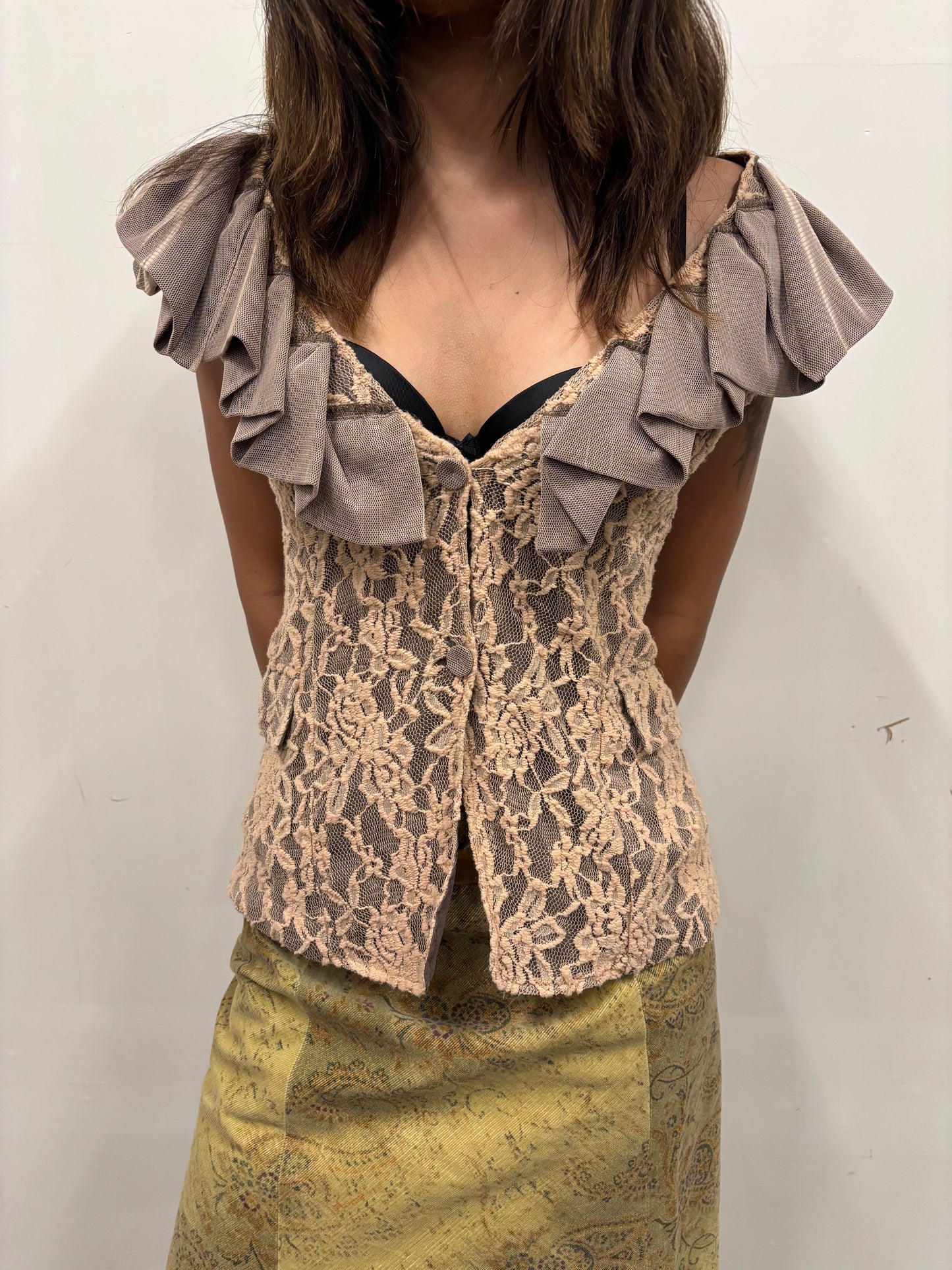 Beige Lace Top W/Ruffles