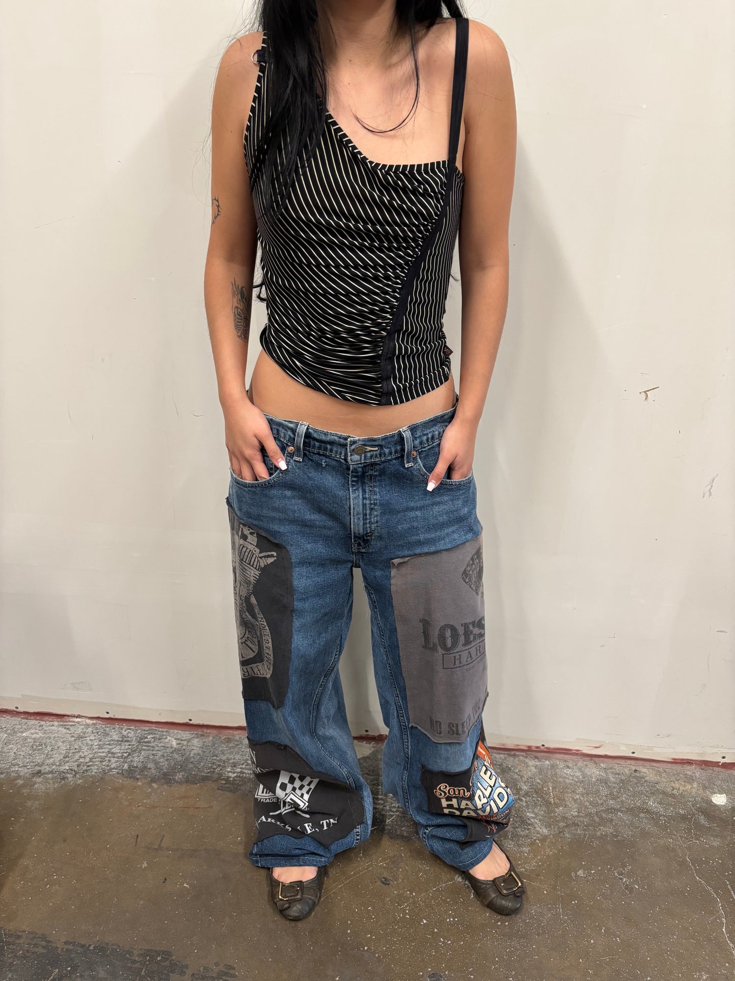 Reworked Harley Davidson Patchwork Denim Jeans