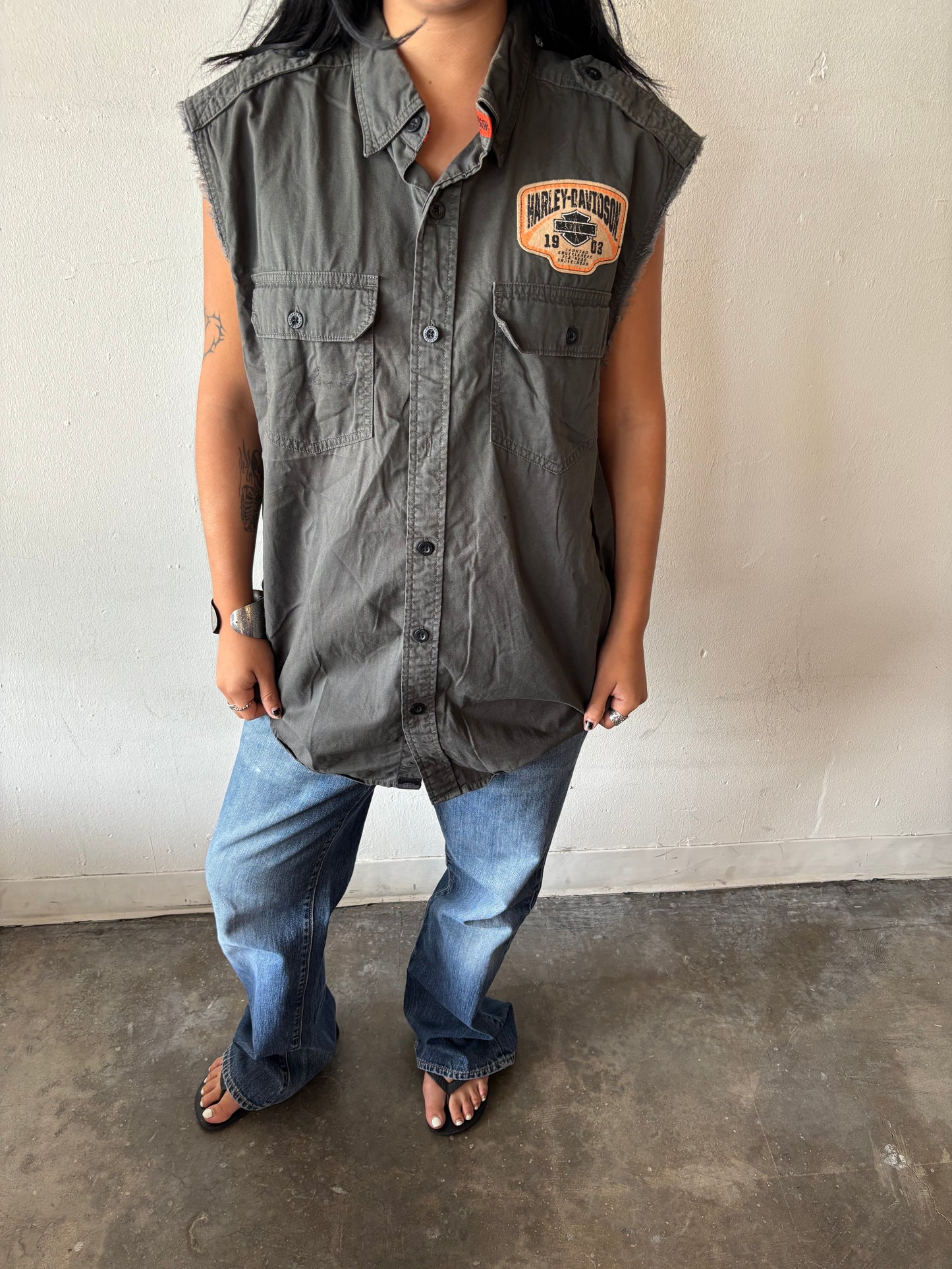 Vintage Harley Davidson Button Up Cut Off