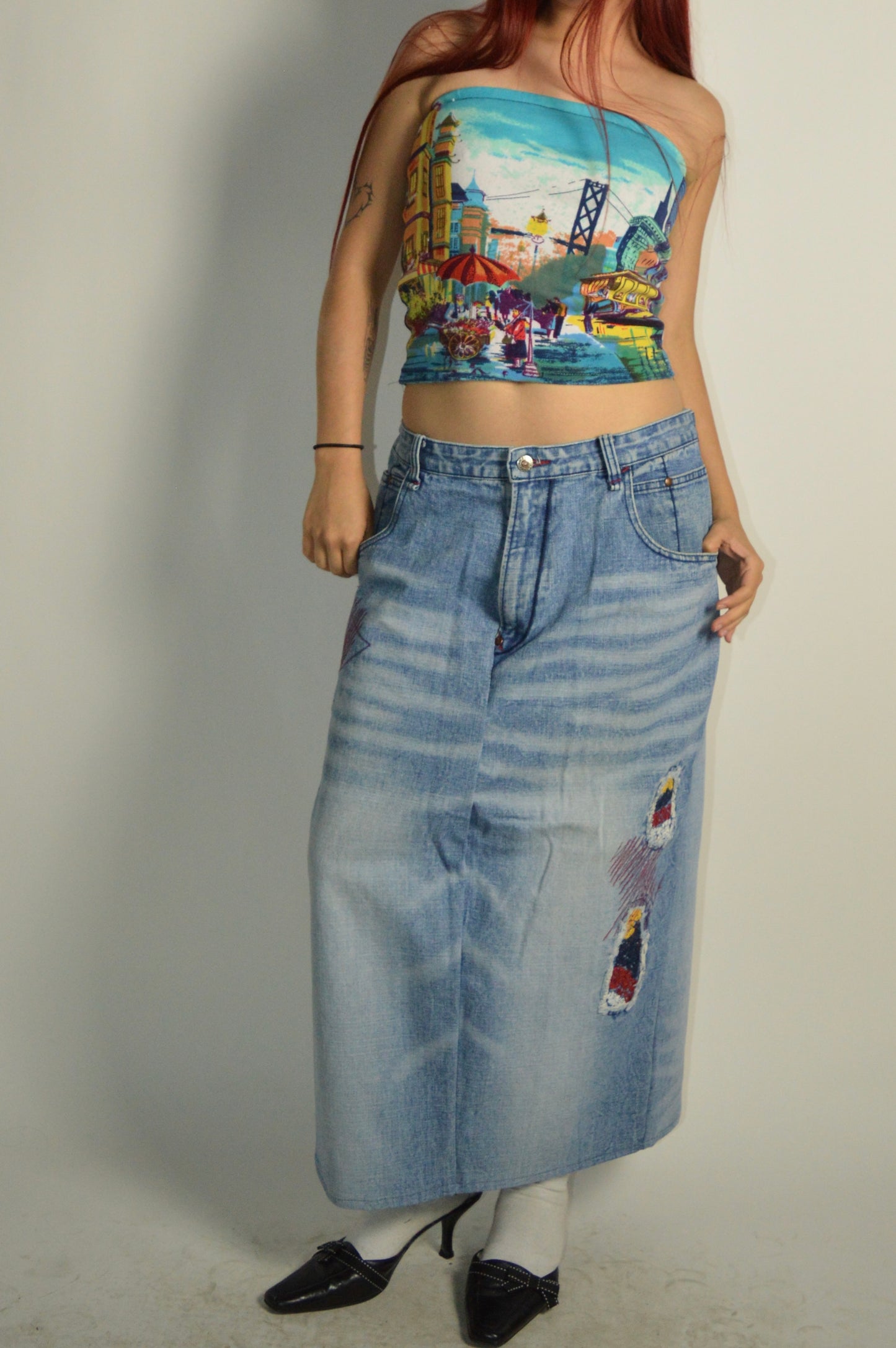 Reconstructed Denim Embroidered Maxi Skirt