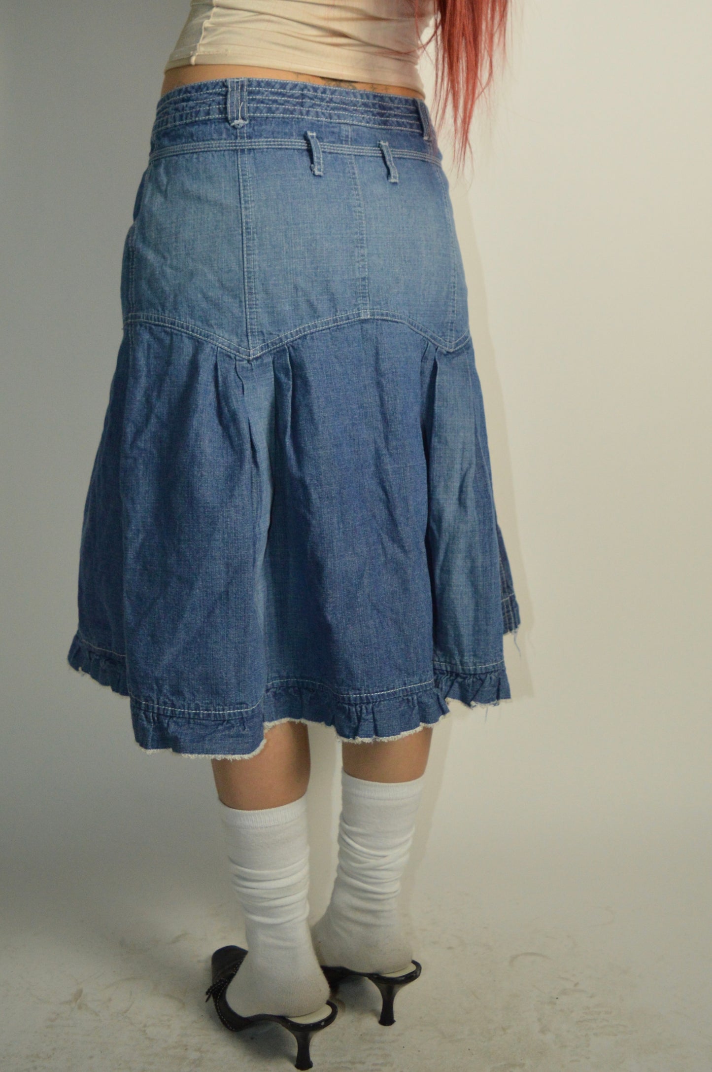 Vintage Denim MIDI Distressed Skirt