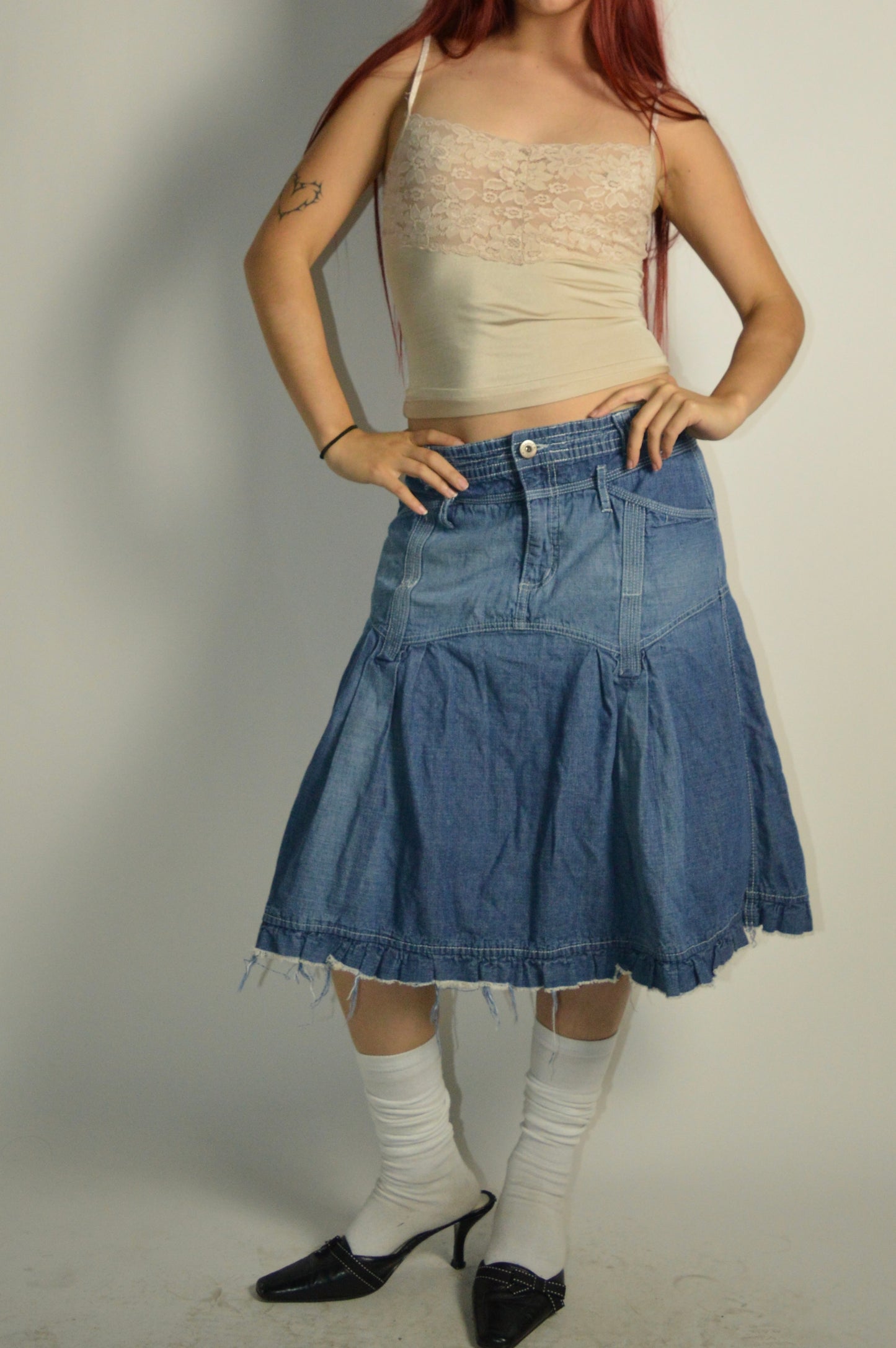 Vintage Denim MIDI Distressed Skirt