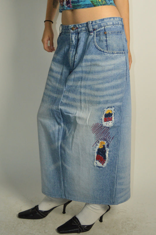 Reconstructed Denim Embroidered Maxi Skirt