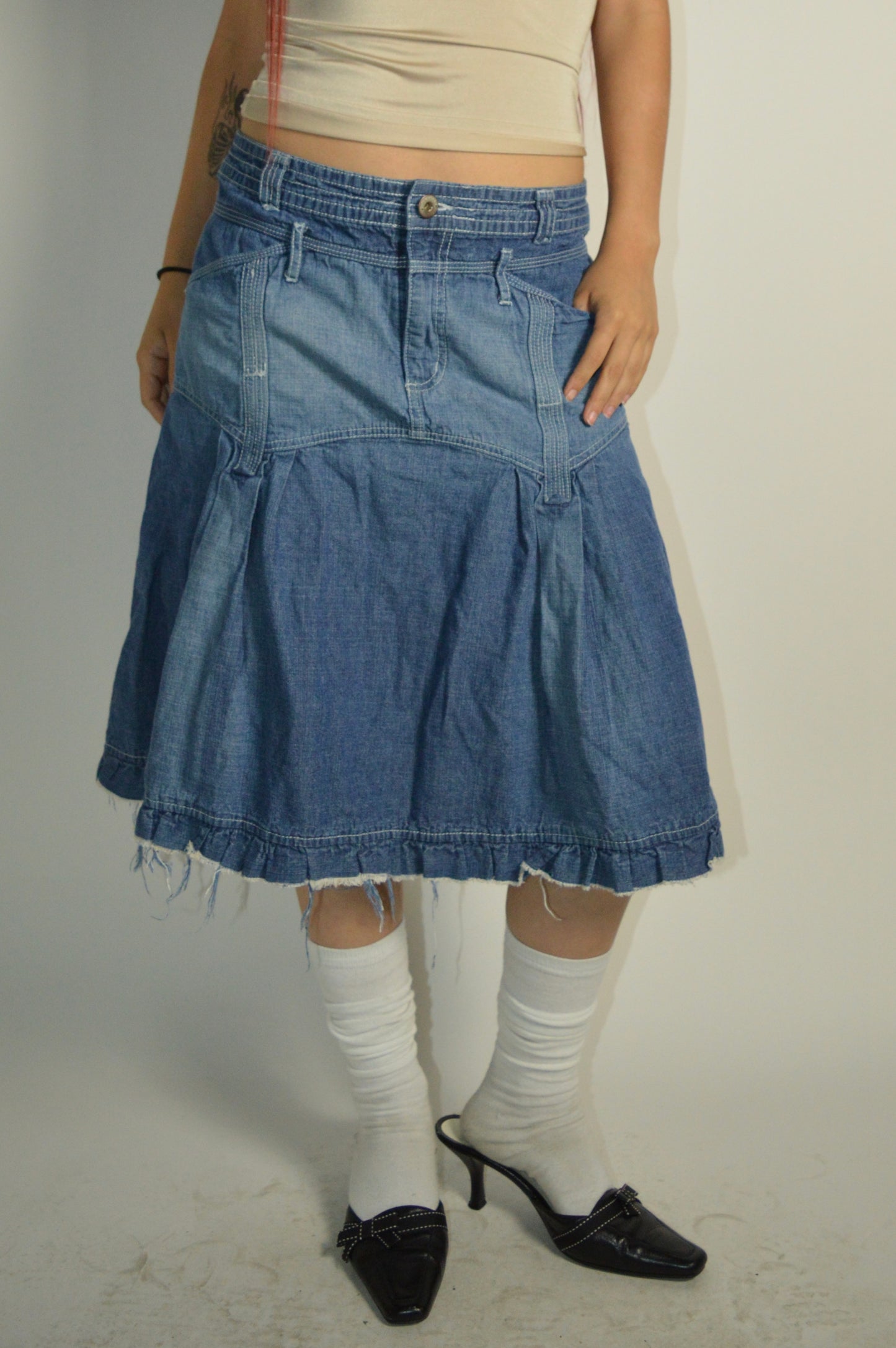 Vintage Denim MIDI Distressed Skirt