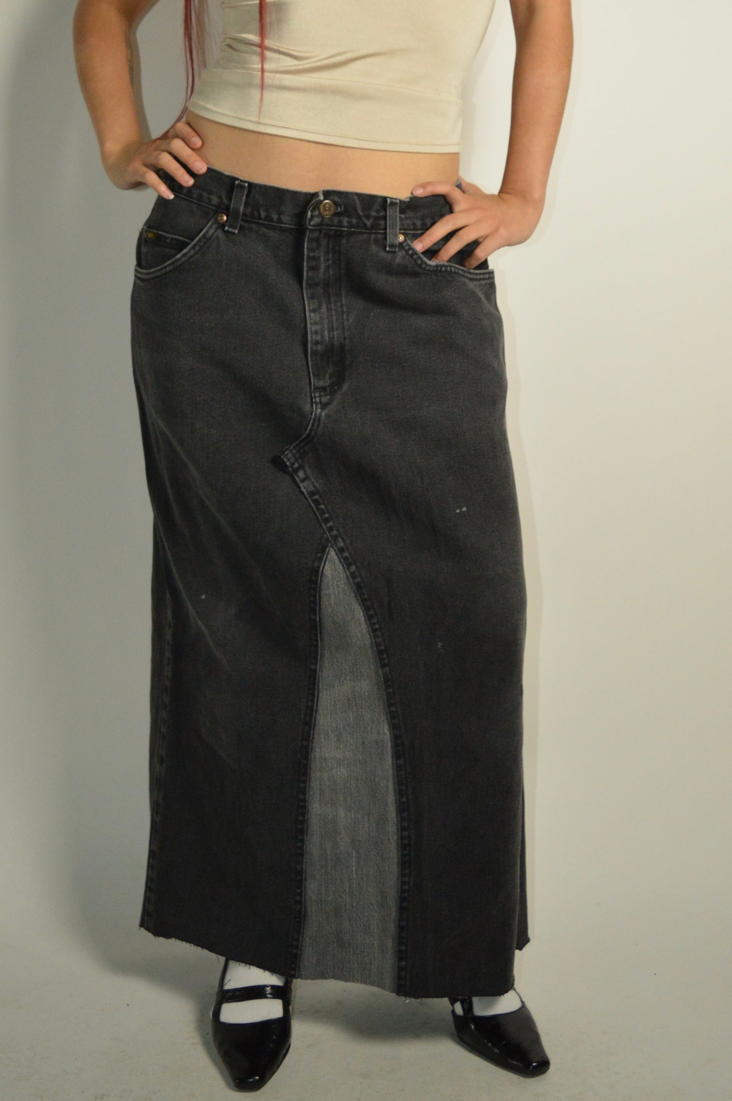 Reconstructed Lee Black Denim Maxi Skirt