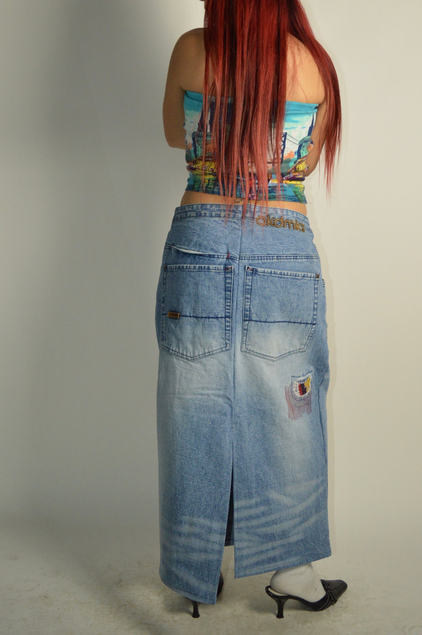 Reconstructed Denim Embroidered Maxi Skirt